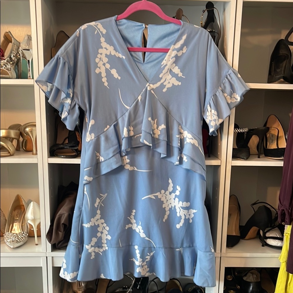 Blue Ruffled Short Sleeve Blouse with V-Neckline